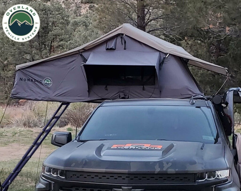 Load image into Gallery viewer, Nomadic 4 Extended Roof Top Tent - Dark Gray Base With Green Rain Fly &amp; Black Cover, Black Aluminum Base, Black Ladder
