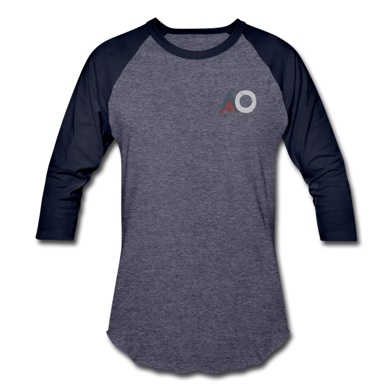 Load image into Gallery viewer, AO Design Logo Baseball T-Shirt - heather blue/navy
